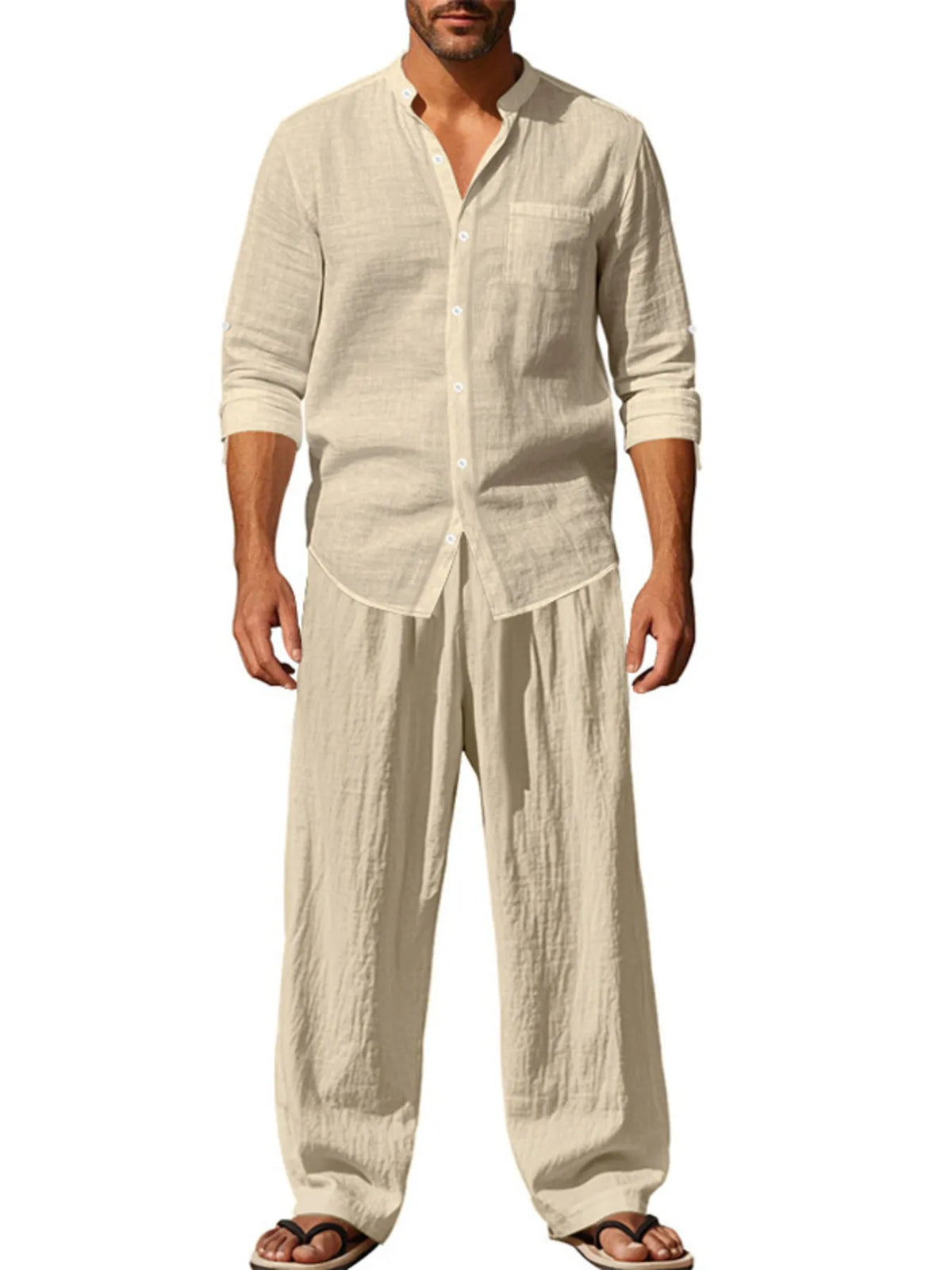 Men's Full Size Button Up Shirt and Pants Set Plus Size in Khaki