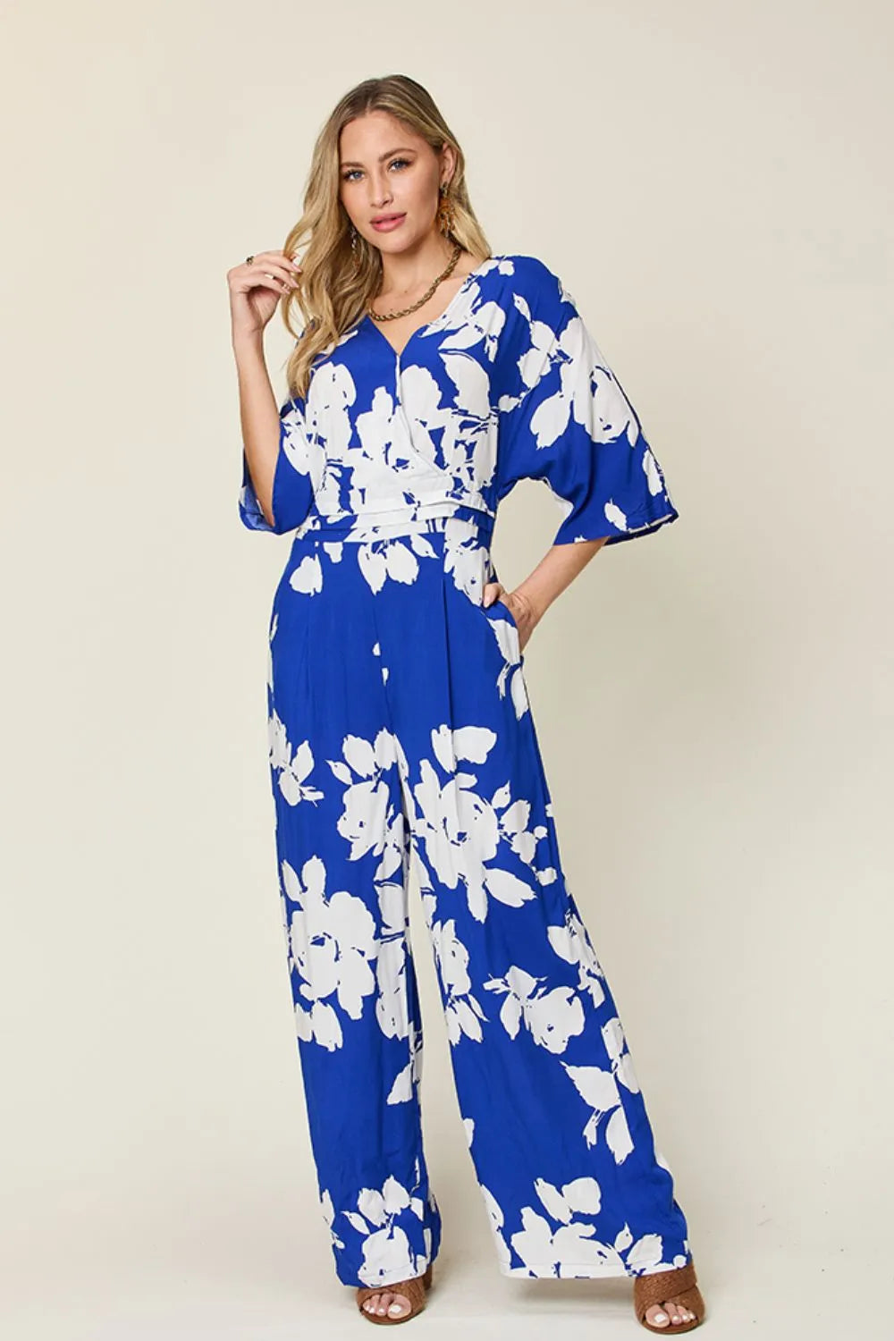 Double Take Full Size Printed Tie Back Wide Leg Jumpsuit - Lilixa.store