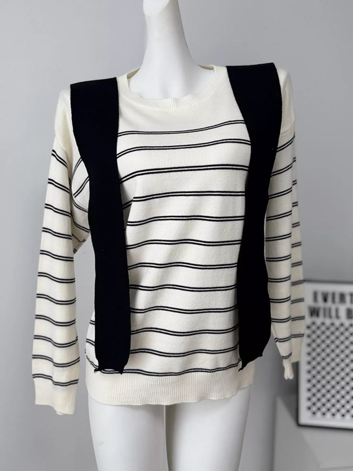 Classic Striped Crewneck Knit Top with Layered Sweater Detail, view 3