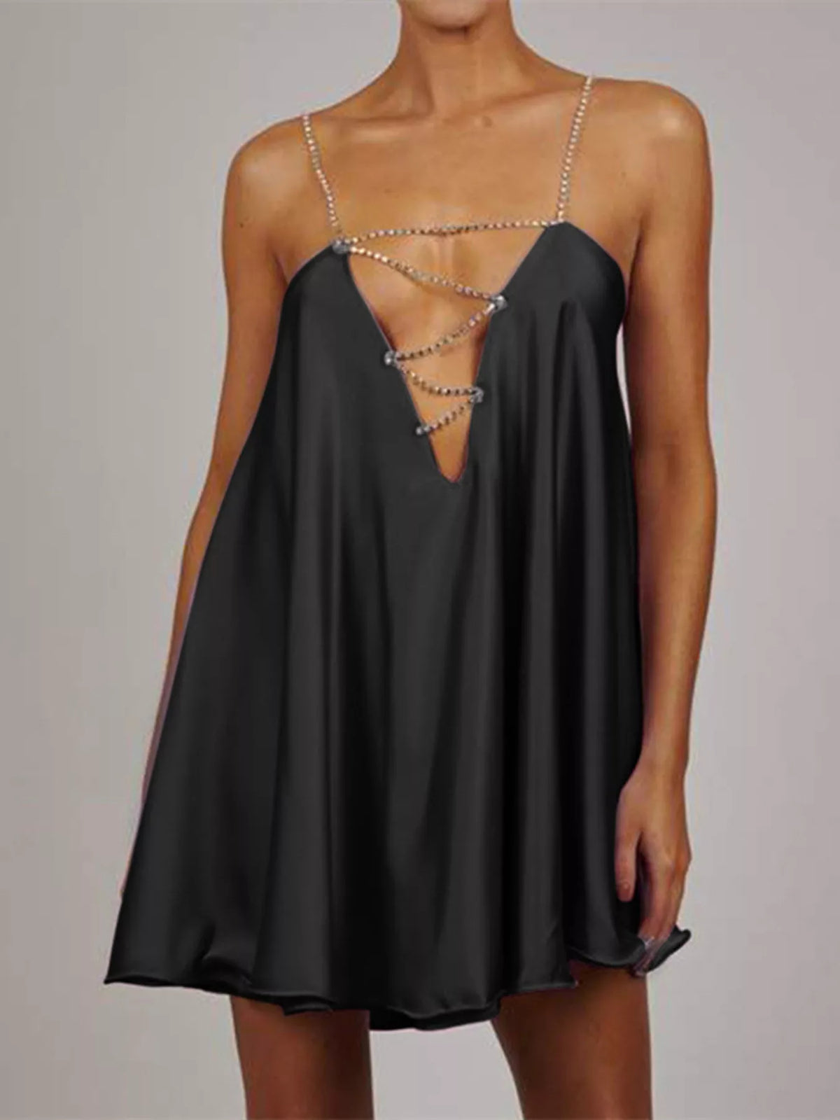Rhinestone Embellished Plunge Mini Dress - Lilixa.store