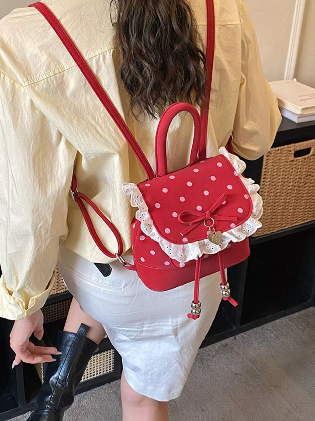 Polka Dot Lace Trim Backpack Bag - Lilixa.store