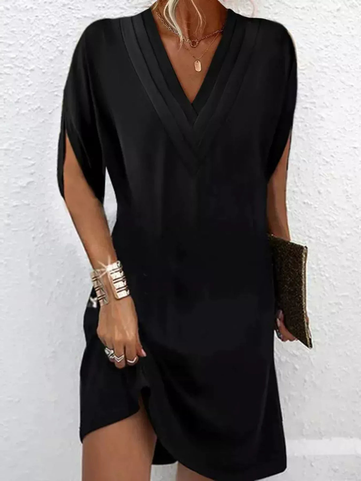 Full Size V-Neck Slit Sleeve Mini Dress Plus Size - Lilixa.store