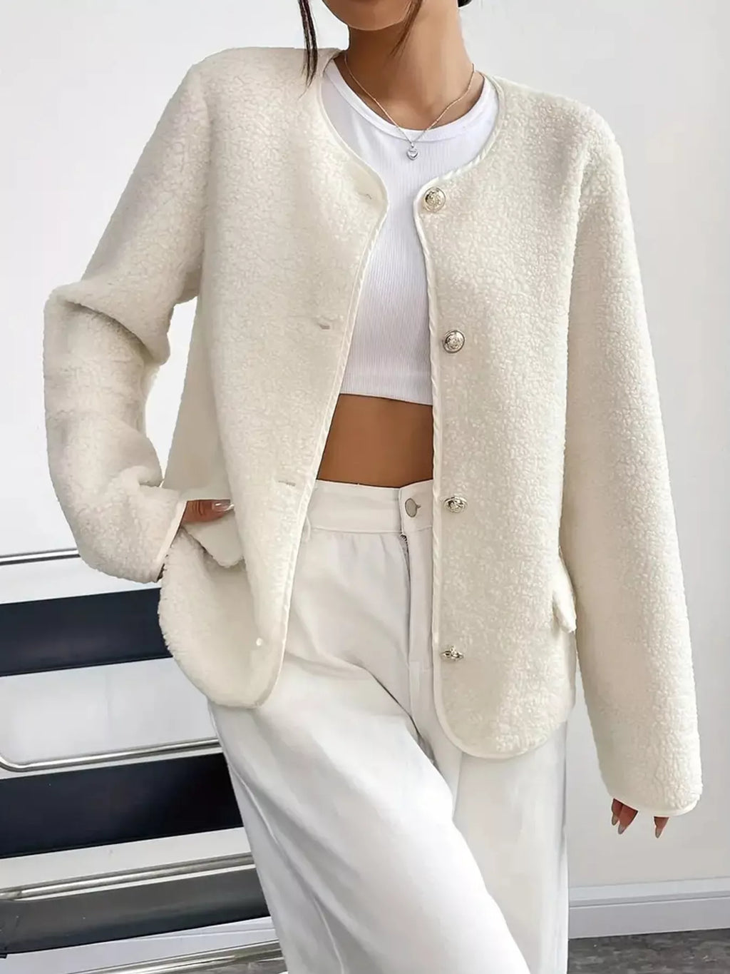 Full Size Textured Button-Up Fleece Outerwear Plus Size - Lilixa.store