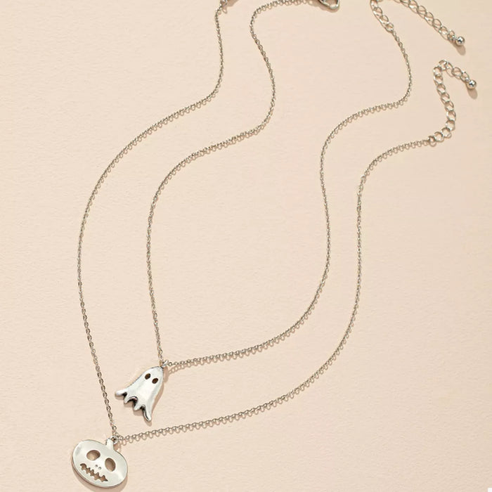 2 Piece Halloween Ghost & Pumpkin Pendant Necklace in Silver
