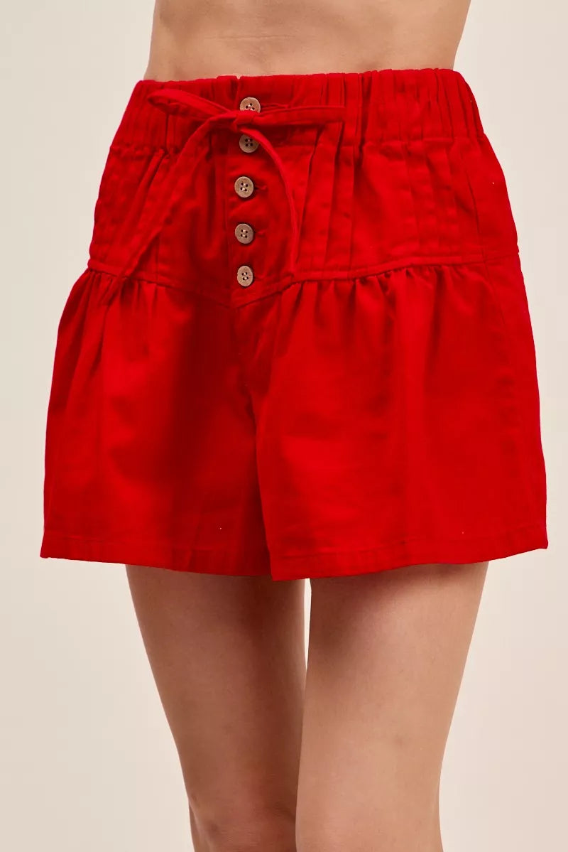 SO ME Solid Twill Denim Pintucked Buttoned Shorts With Waist Tie in Red, view 2