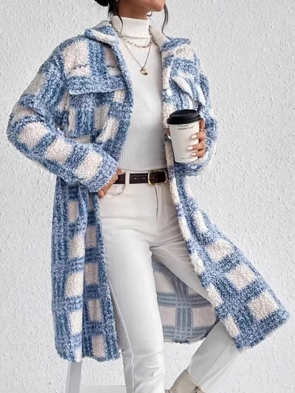 Plaid Button Up Long Sleeve Fleece Coat in Sky Blue, view 2