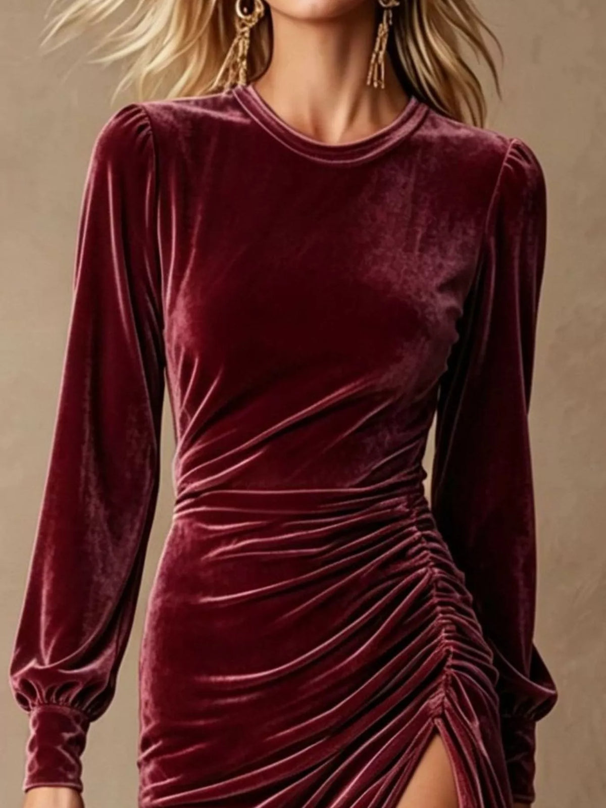 Velvet Ruched Long-Sleeve Slit Dress - Lilixa.store