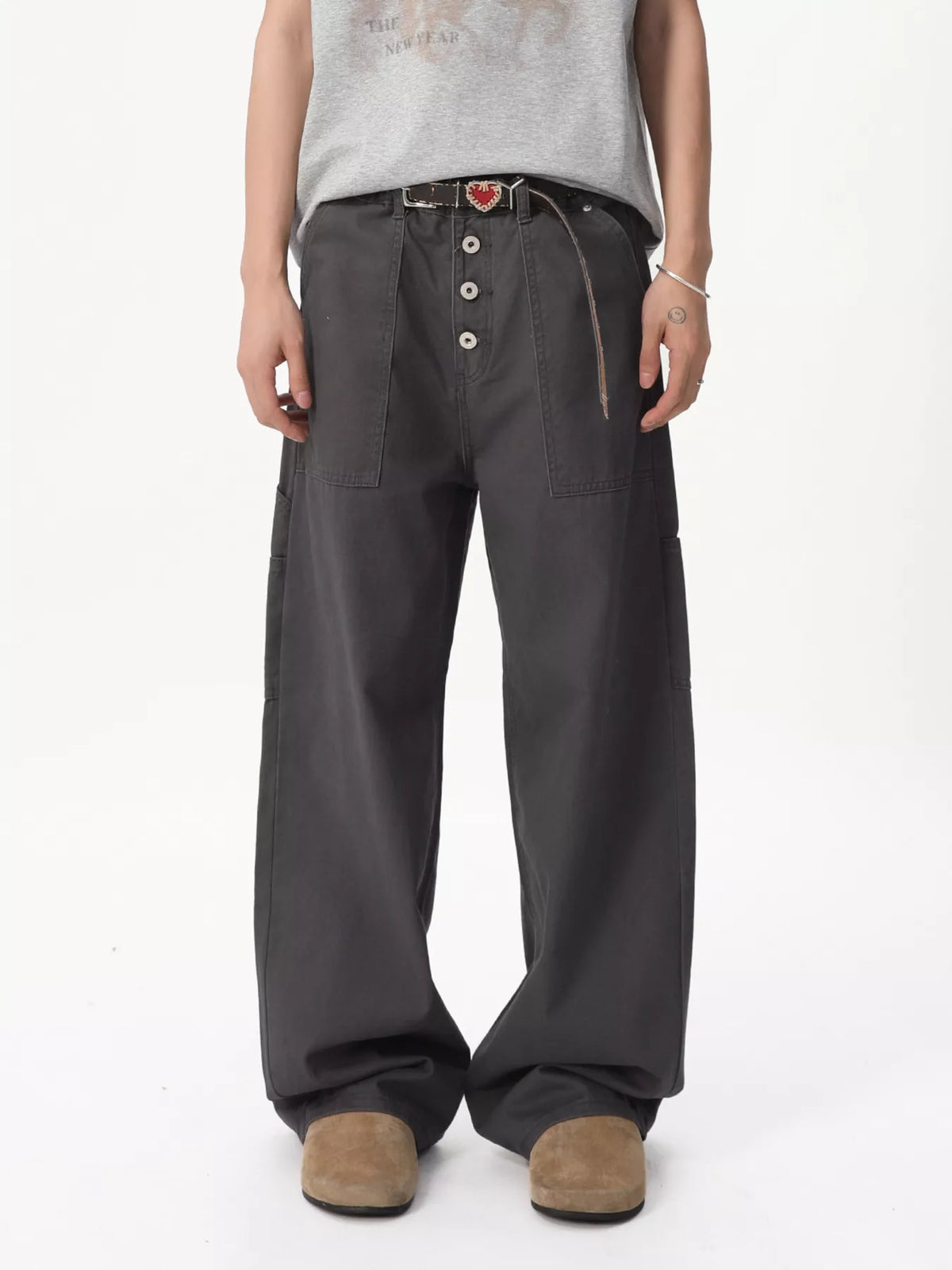 Men's Button Fly Wide Leg Cargo Pants in Gray