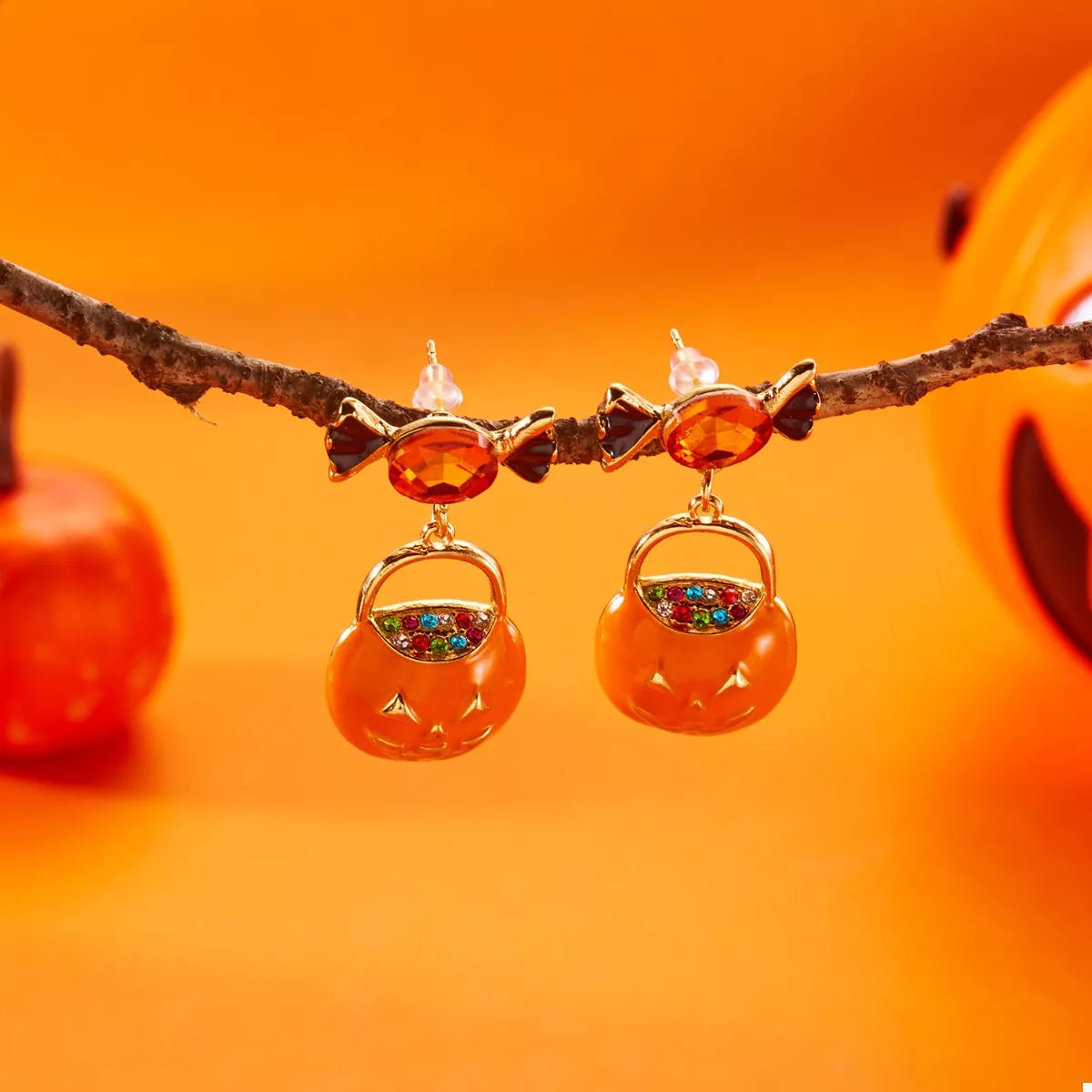 Halloween Rhinestone Pumpkin Dangle Earrings - Lilixa.store