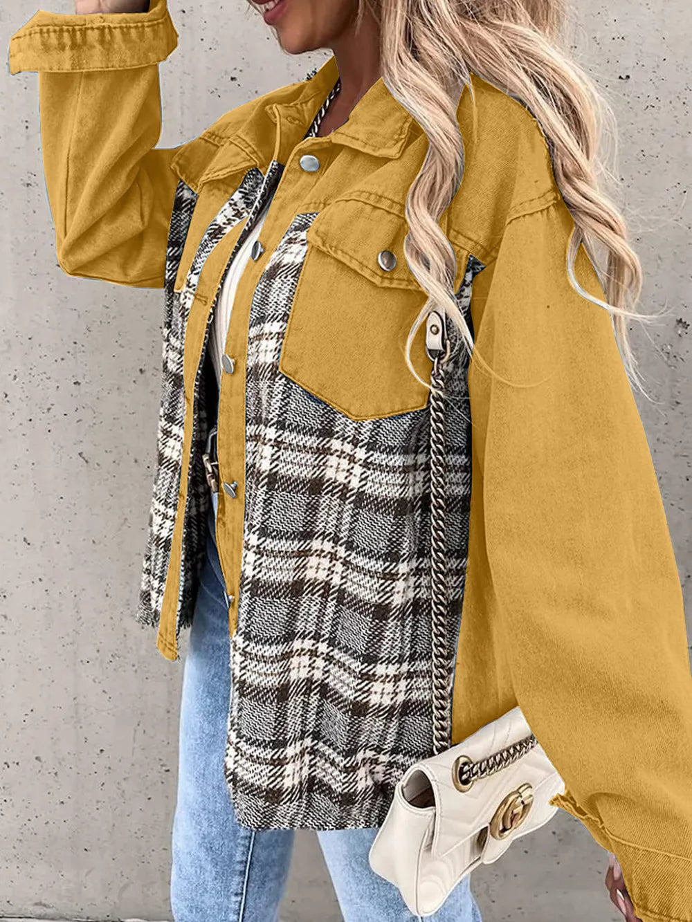 Plaid Button Up Dropped Shoulder Jacket, view 16