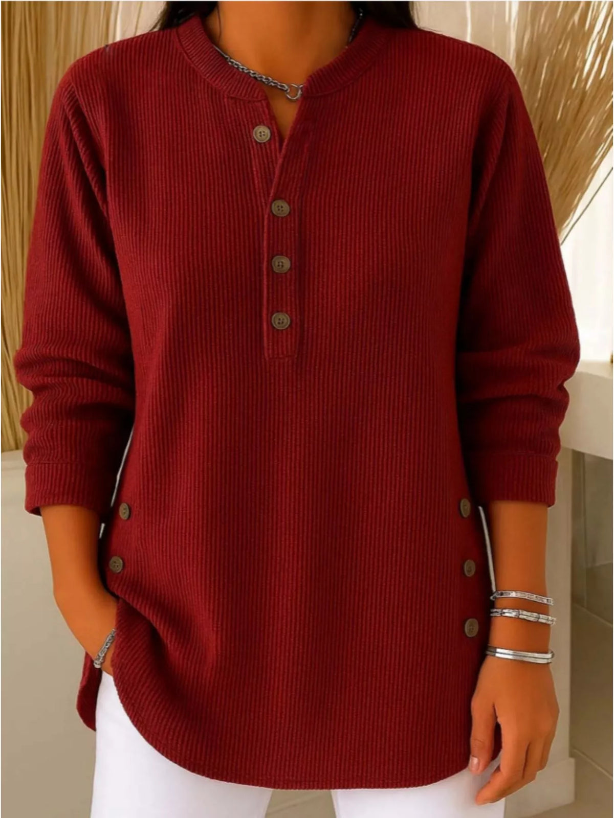 Full Size Button Detail Corduroy Top Plus Size