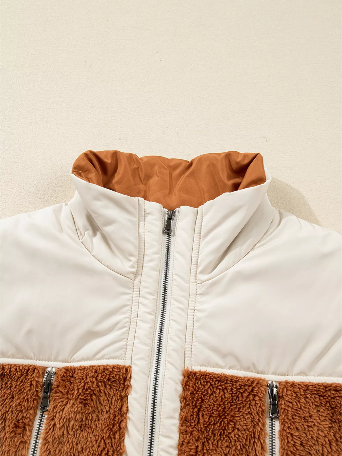 Color Block Plush Patchwork Zipper Stand Neck Vest Coat - Lilixa.store