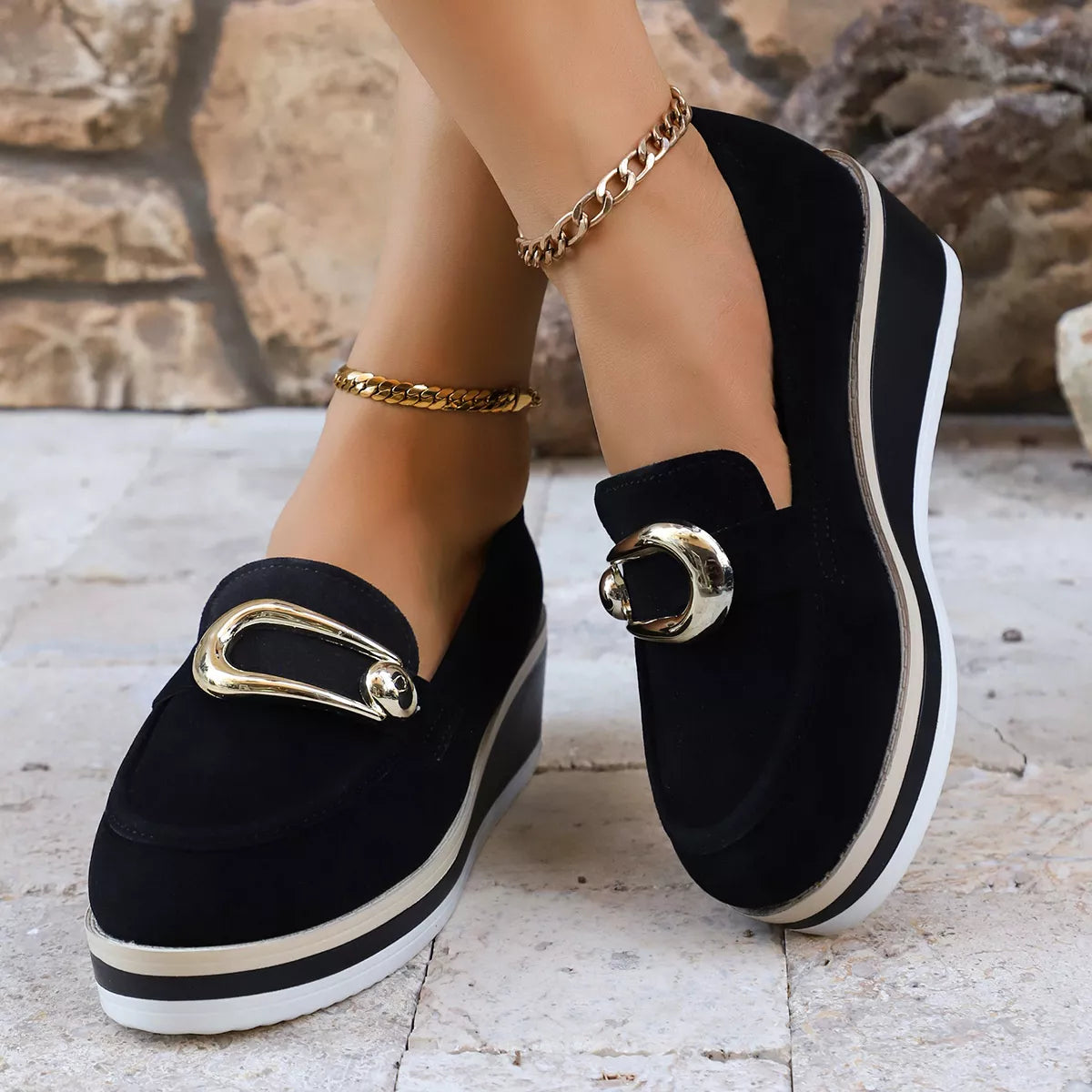 Round Toe Wedge Loafers in Black
