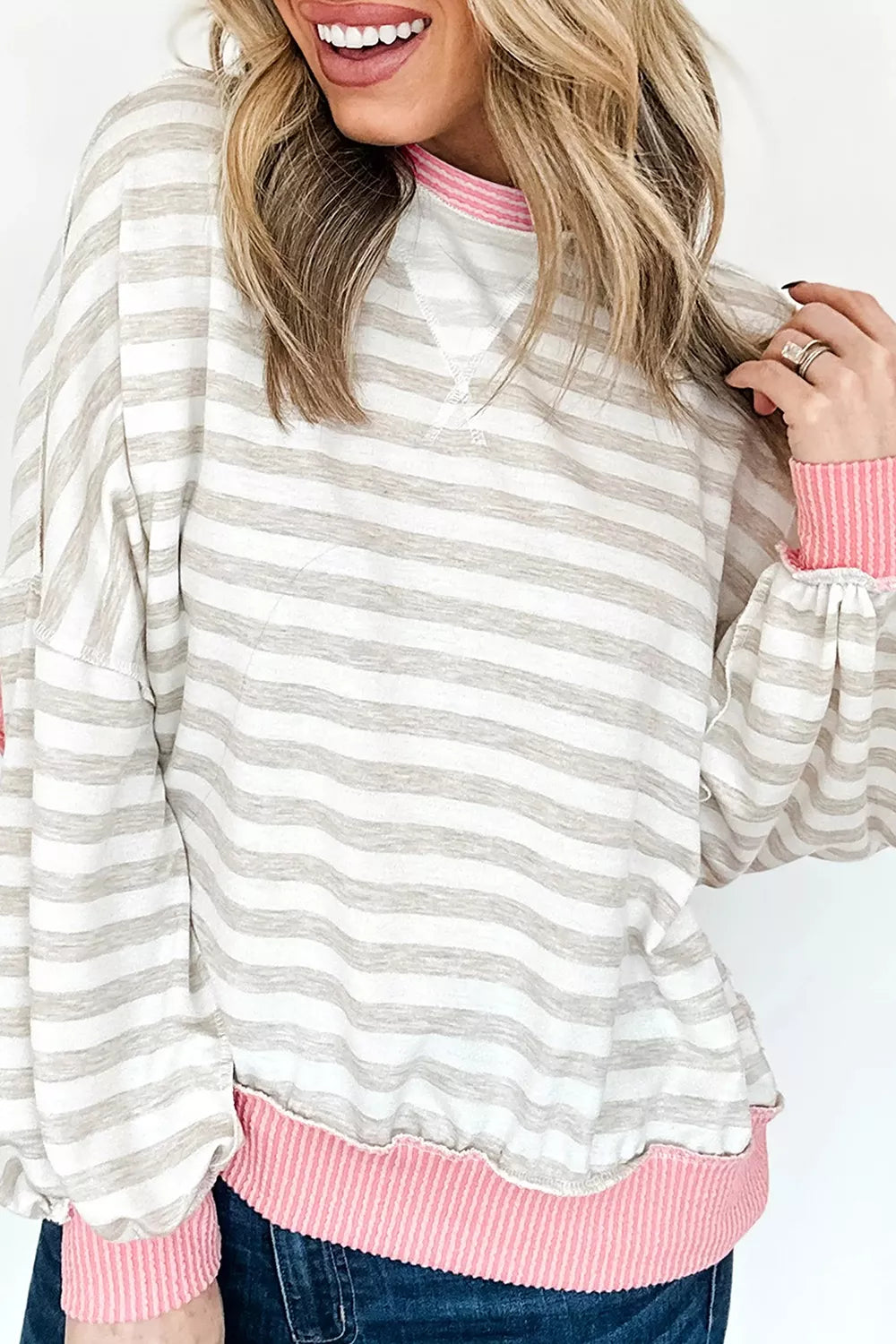 Twisted Rib Trim Striped Round Neck Loose Pullover Sweatshirt - Lilixa.store
