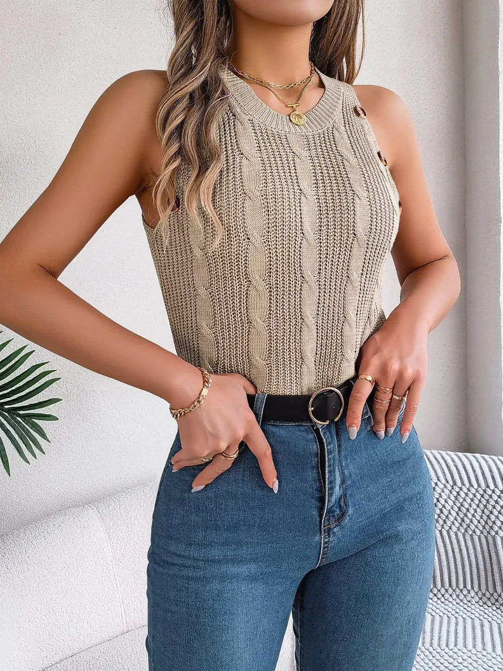 Cable-Knit Round Neck Vest, view 4