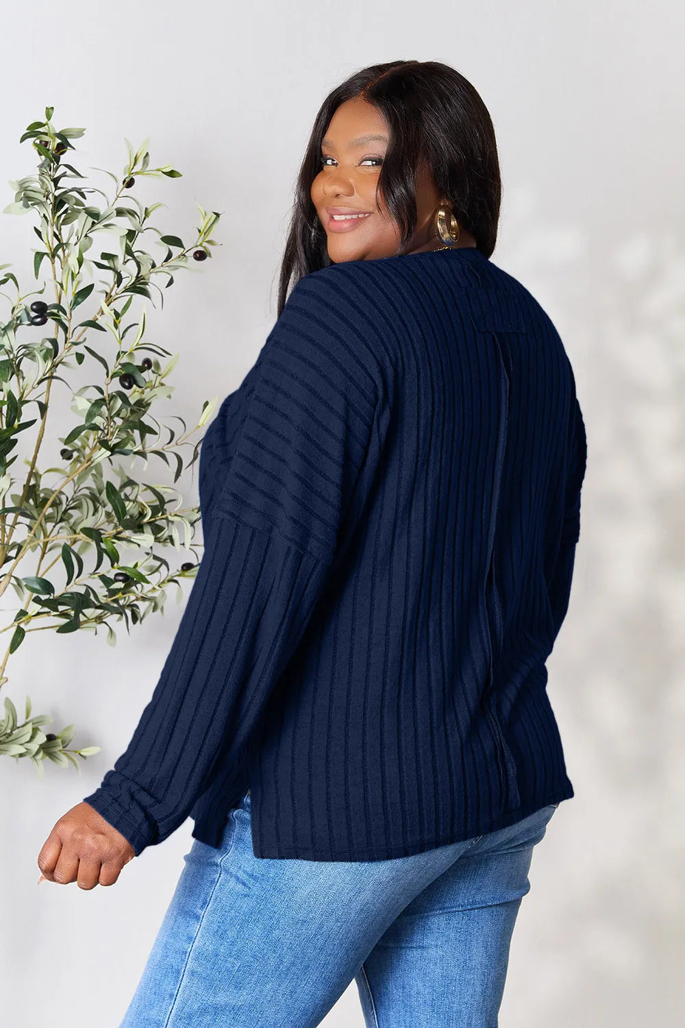 Basic Bae Full Size Ribbed Round Neck Slit Knit Top - Lilixa.store