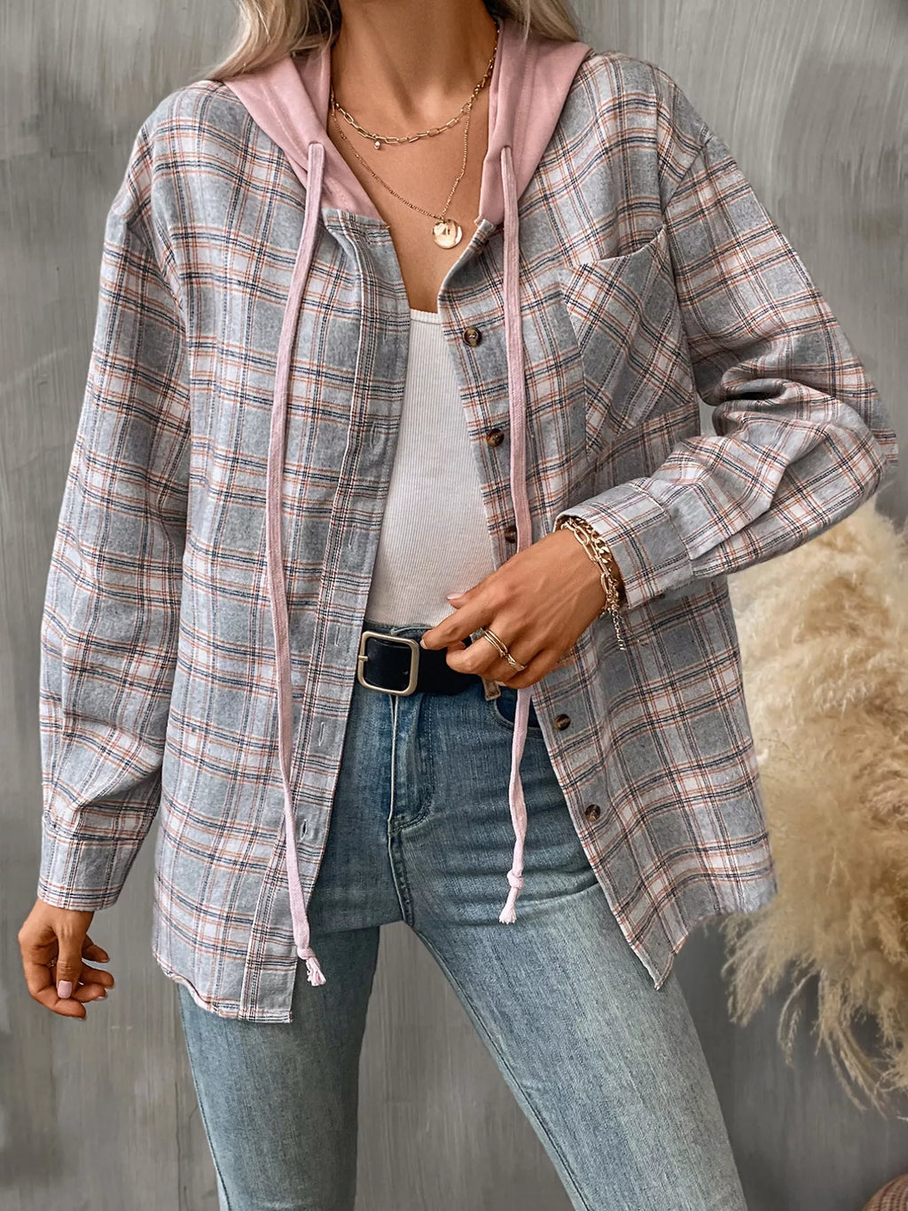 Plaid Button-Up Hooded Shirt with Chest Pocket - Lilixa.store