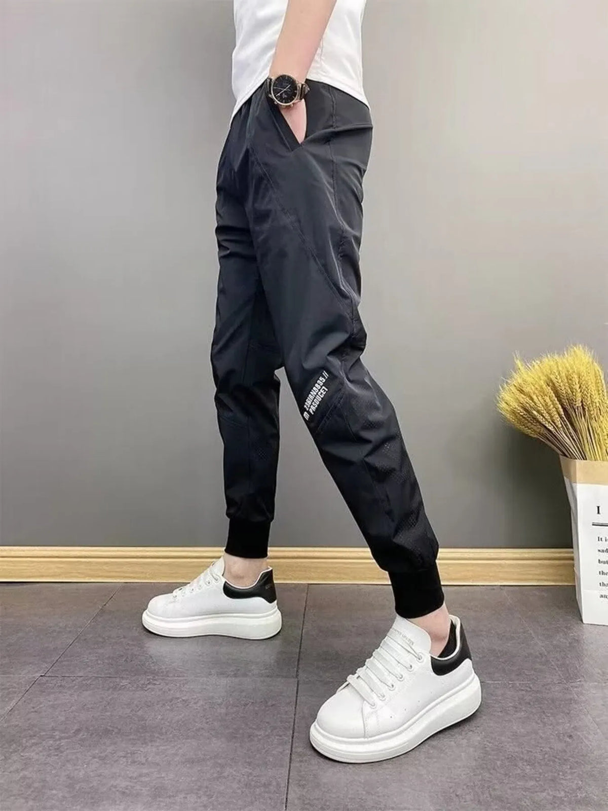 Men's Plus Size Slim-Fit Ankle-Cuffed Pants in Black, view 2
