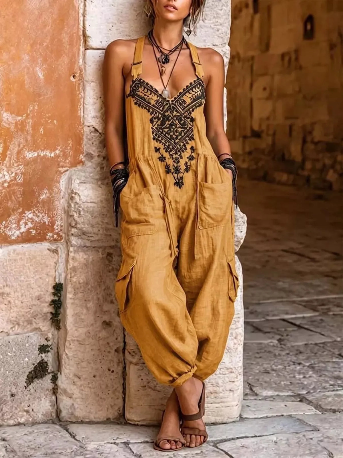 Full Size Embroidered Sleeveless Jumpsuit with Cargo Pockets Plus Size - Lilixa.store