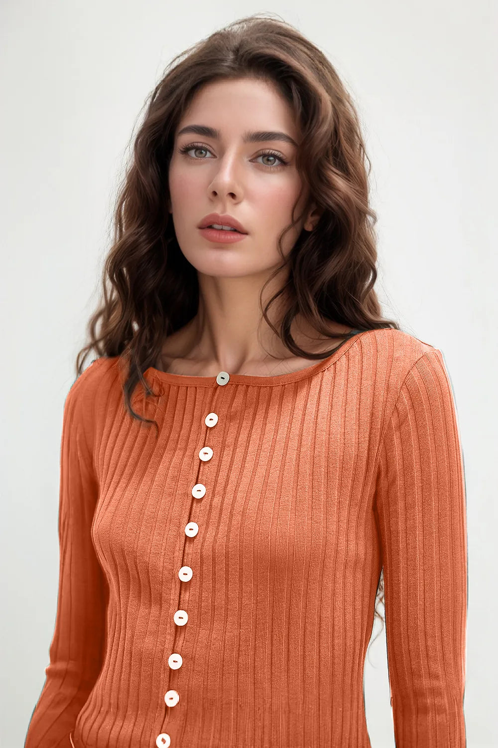 Basic Bae Texture Button Up Round Neck Long Sleeve Top, view 3