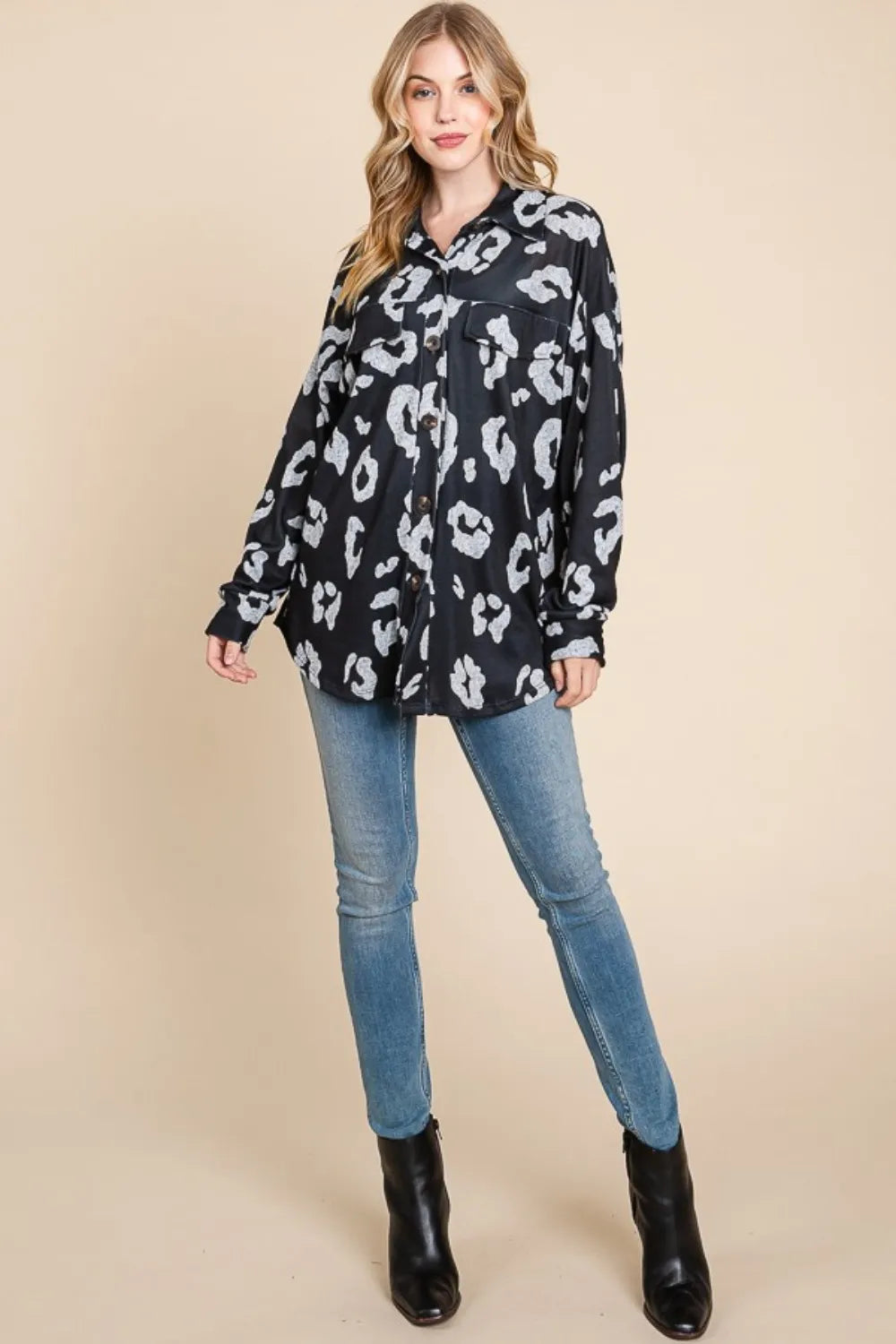 BOMBOM Animal Print Button Up Knit Shacket - Lilixa.store
