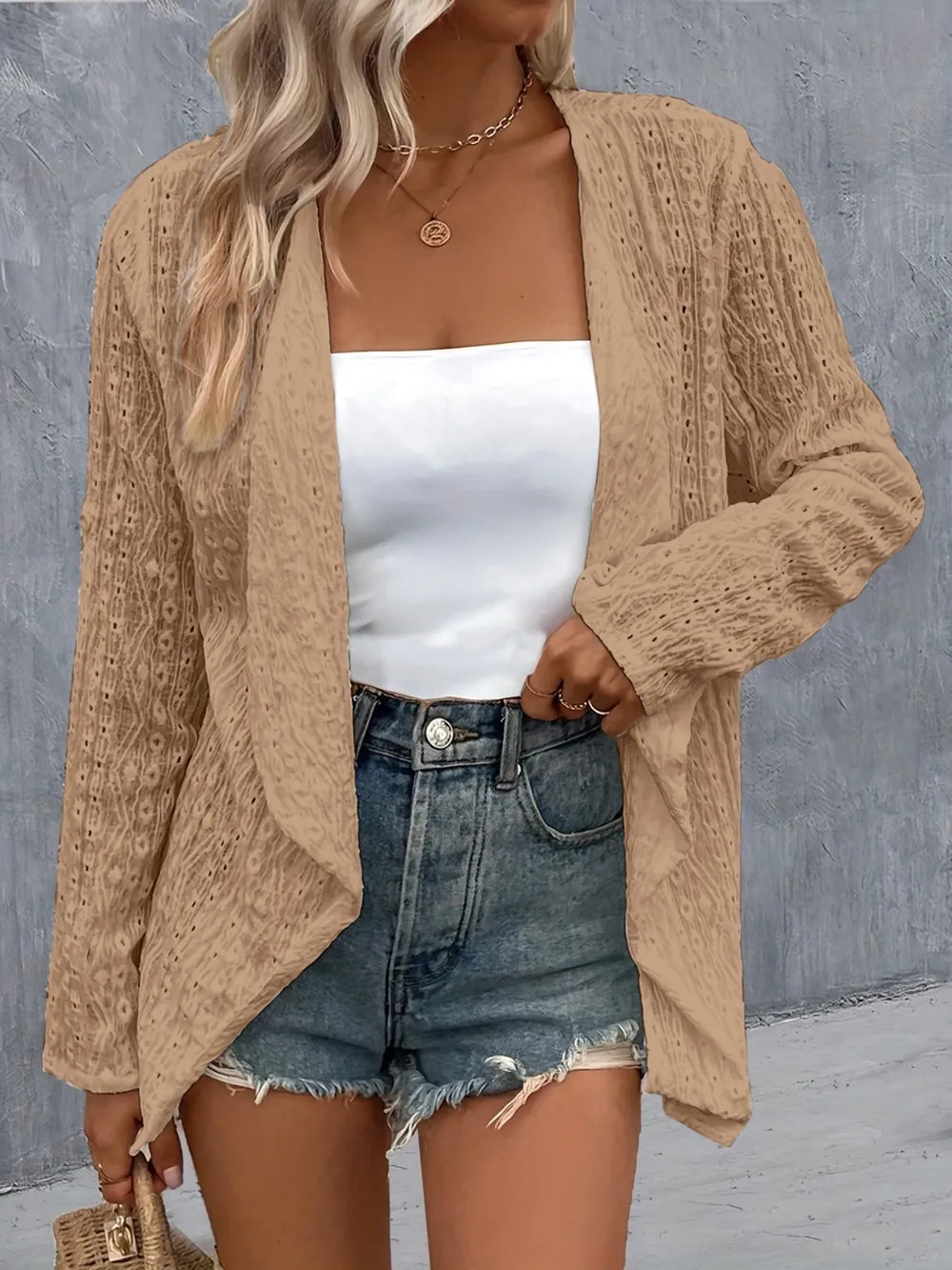 Eyelet Roll-Tab Sleeve Cardigan - Lilixa.store
