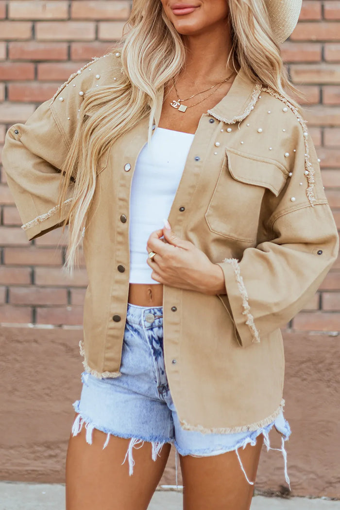 Raw Hem Pearl Trim Dropped Shoulder Denim Jacket in Tan