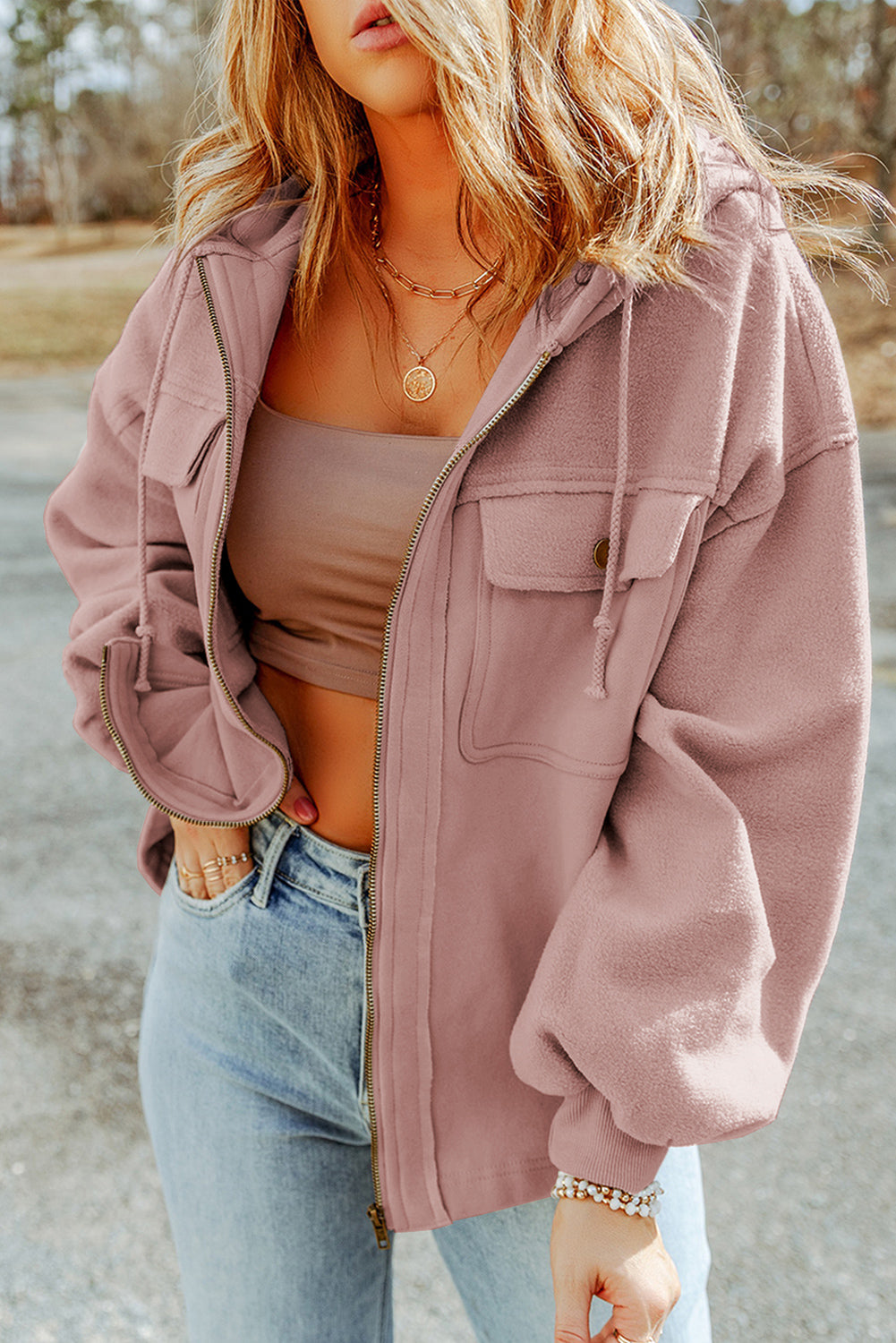 Zip-Up Drawstring Hooded Jacket in Blush Pink