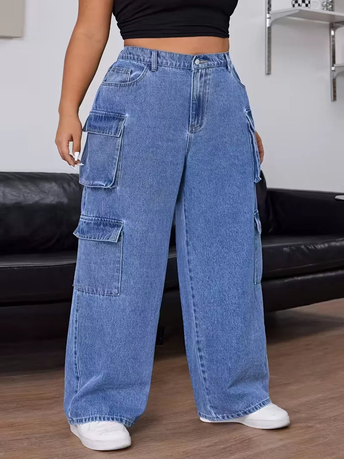 Plus Size High-Waisted Wide Leg Cargo Jeans