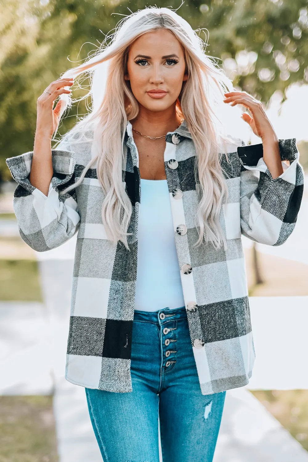 Plaid Button Up Dropped Shoulder Jacket, view 9