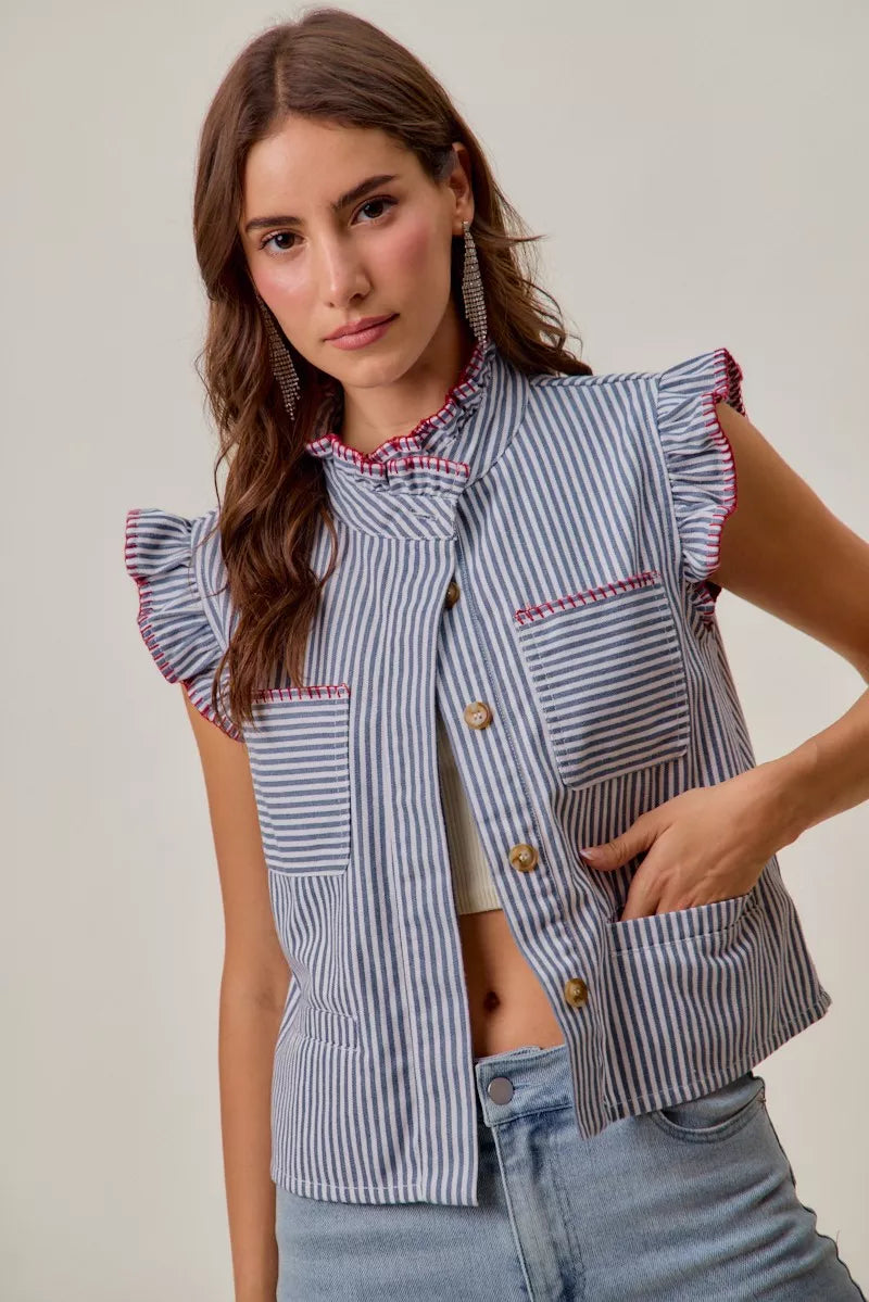 SO ME Stripe Twill Stitch Ruffled Hidden Button Vest Top - Lilixa.store