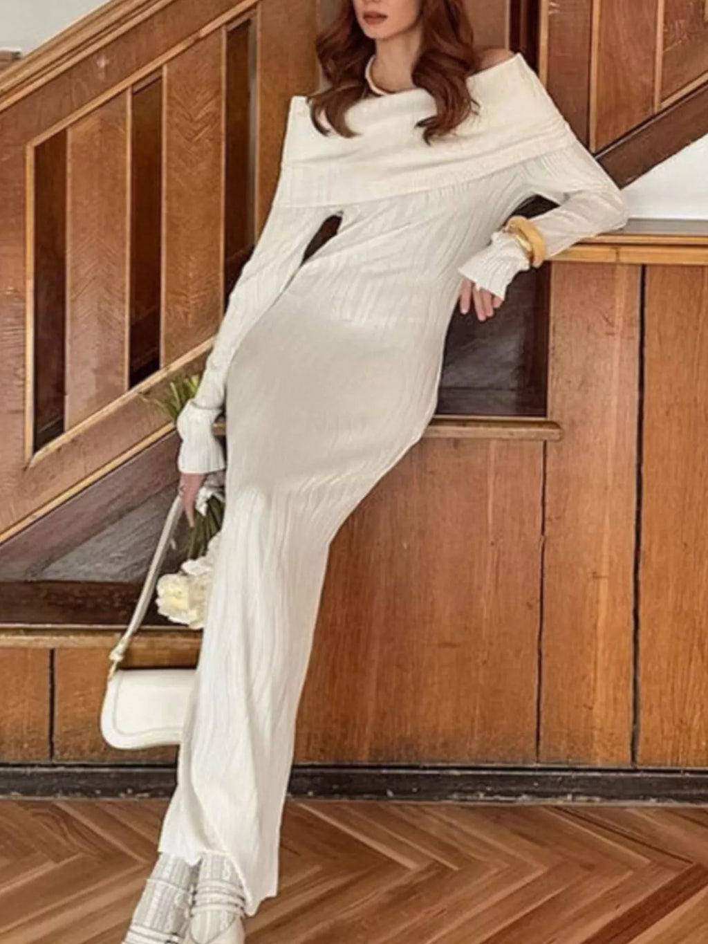 Off-Shoulder Textured Knit Maxi Dress - Lilixa.store