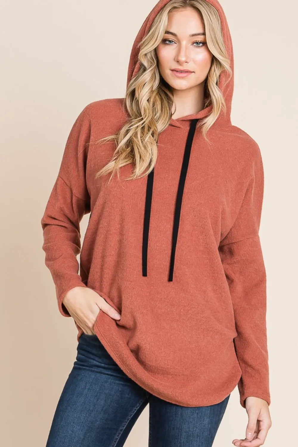 BOMBOM Contrast Drawstring Drop Shoulder Knit Hoodie - Lilixa.store