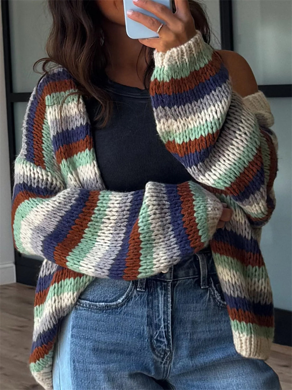 Multi-Color Striped Chunky Knit Open-Front Cardigan - Lilixa.store