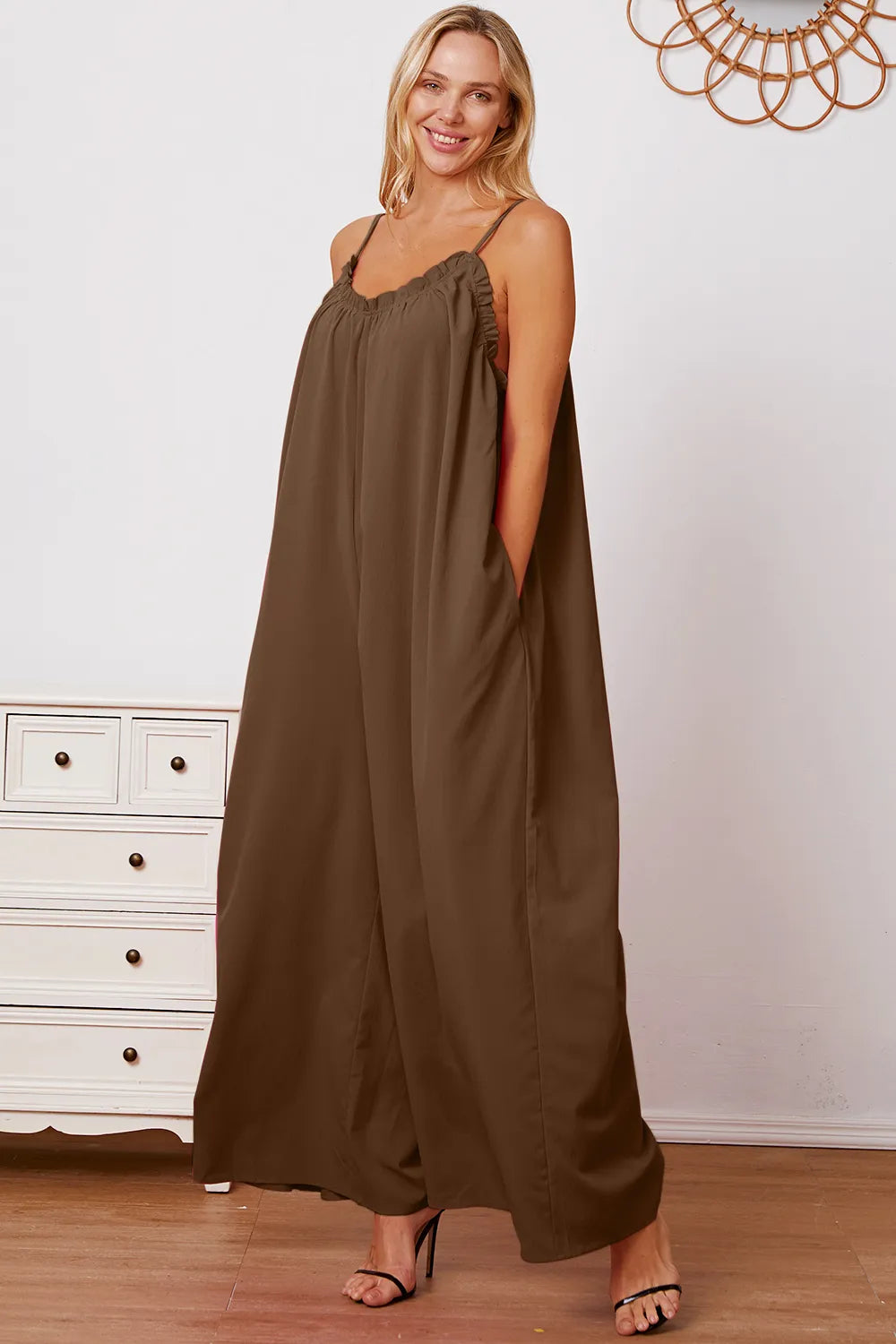 Double Take Full Size Ruffle Trim Tie Back Cami Jumpsuit with Pockets - Lilixa.store
