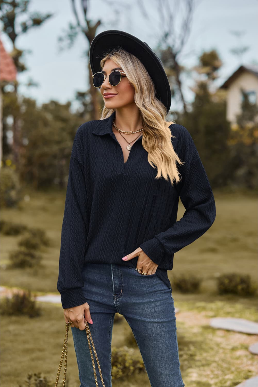 Collared Neck Cable-Knit Long Sleeve Blouse, view 15