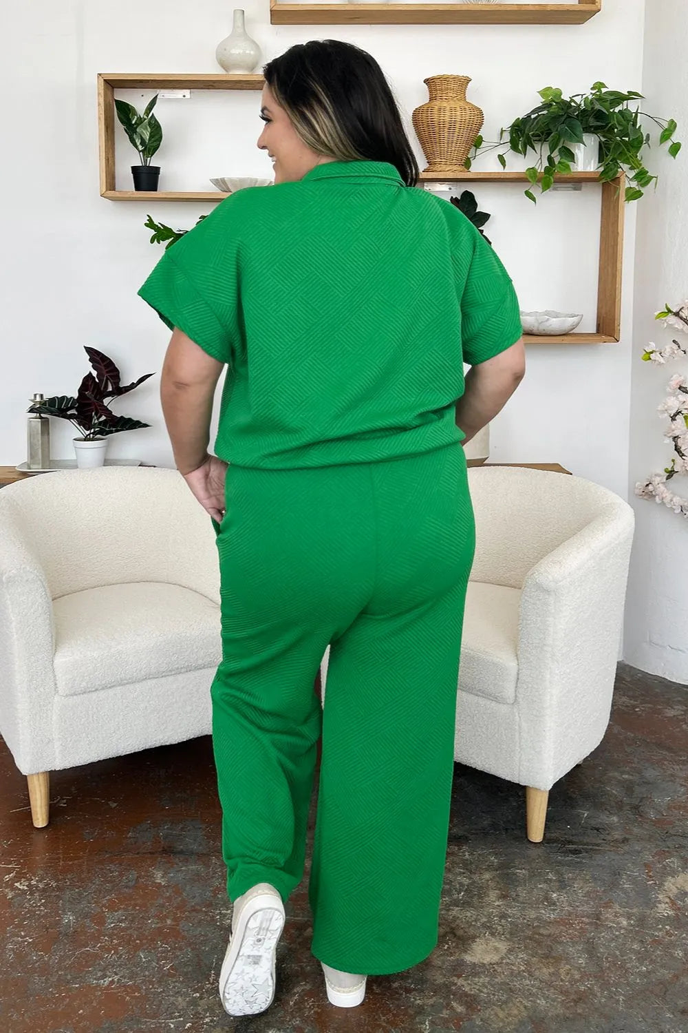 Double Take Full Size Texture Half Zip Short Sleeve Top and Pants Set, view 12