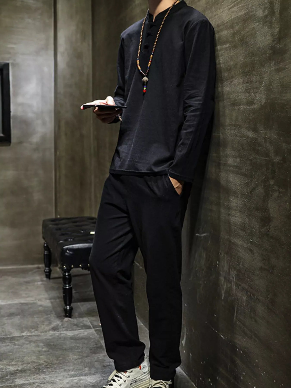Men's Plus Size Button Detail Long Sleeve Top and Pants Set in Black