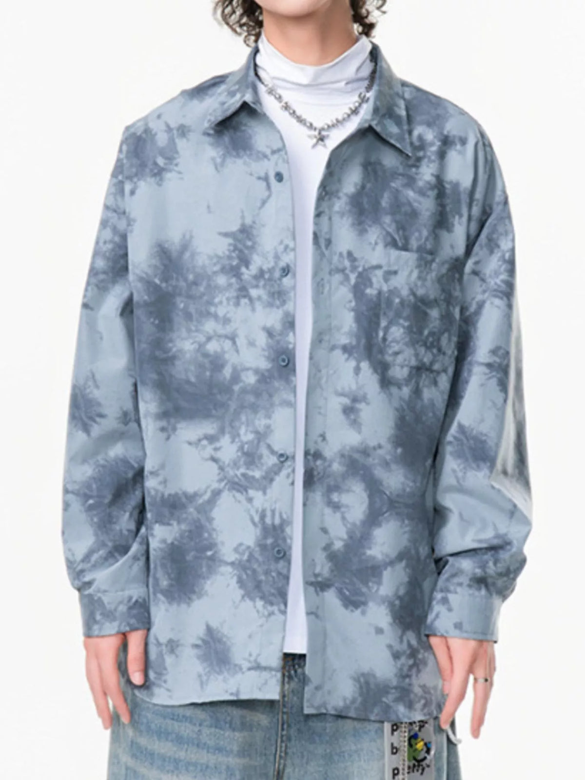 Men's Tie Dye Oversized Button Up Shirt Plus Size in Blue Gray