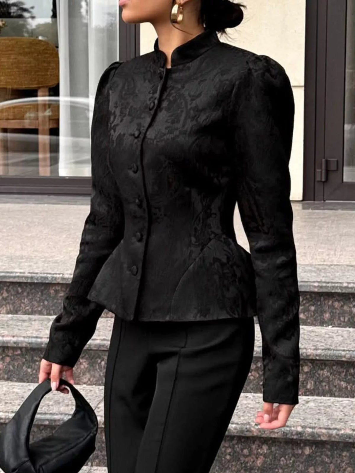 Jacquard Peplum Puff Sleeve Outerwear - Lilixa.store