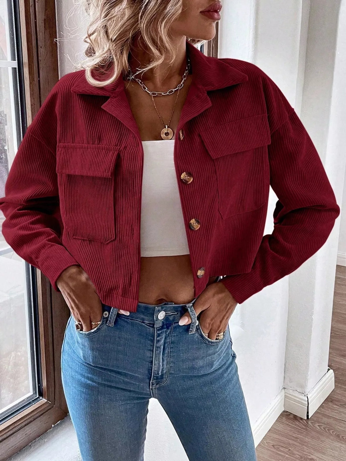 Cropped Corduroy Button-Down Jacket