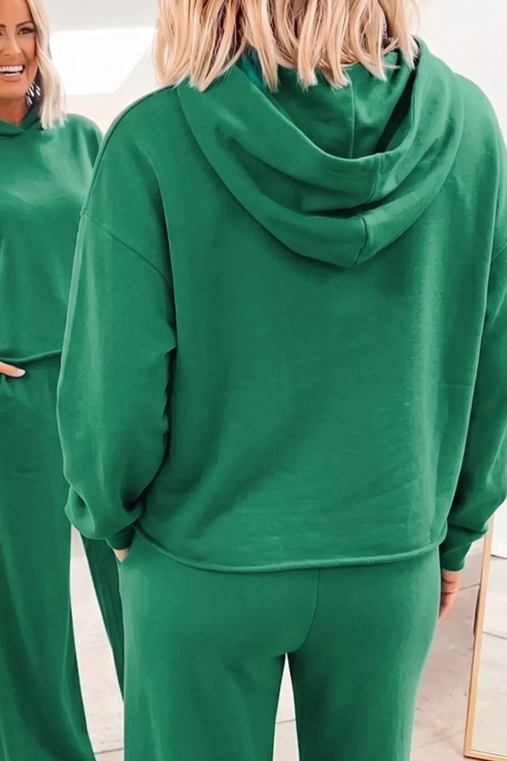 Solid Color Hooded Long Sleeve Elastic Waist Pocket Pants Set in Dark Green, view 3