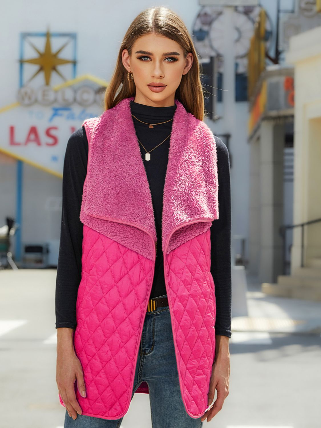 Open Front Collared Vest in Deep Rose
