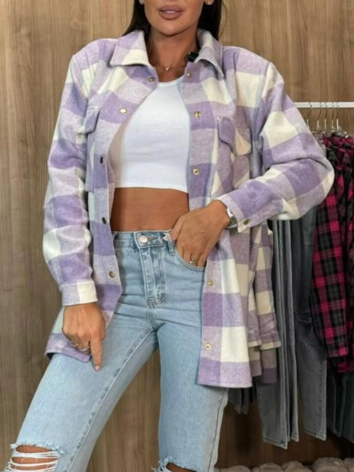 Plaid Button-Down Long Sleeve Shacket, view 8