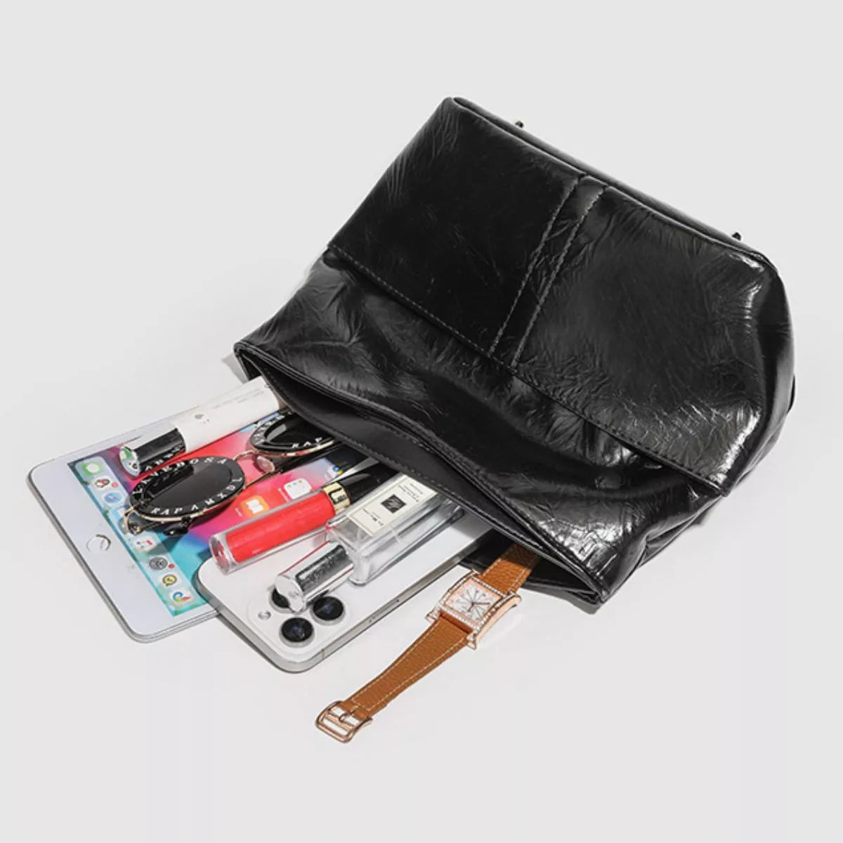 Glossy Patent Leather Minimalist Tote Handbag in Black, view 5