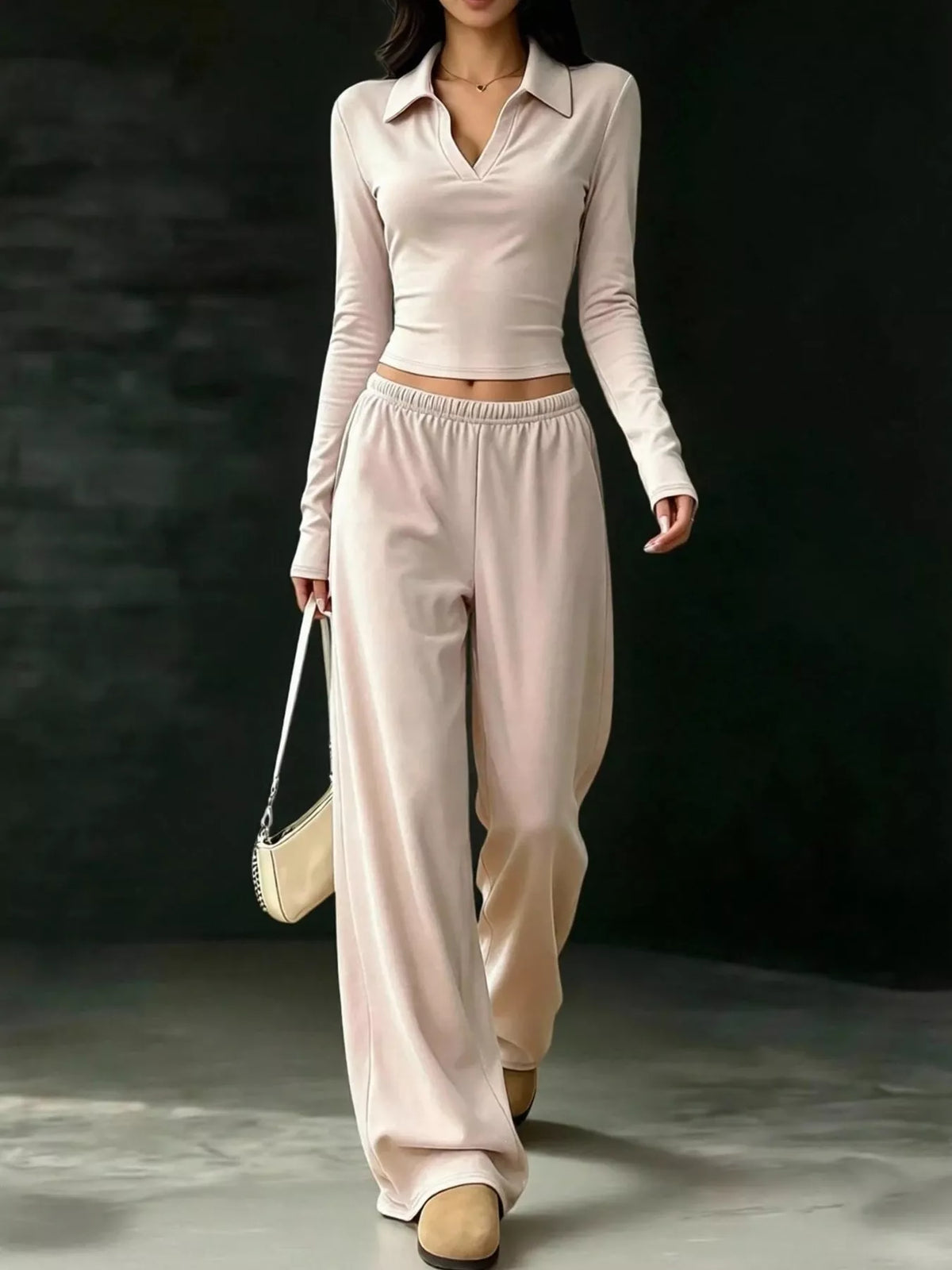 Solid Color Long Sleeve Polo Collar Top and Wide Leg Pants Set - Lilixa.store