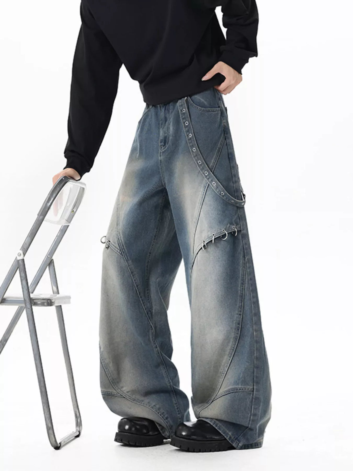 Men's Full Size Wide-Leg Denim Jeans with Metal Ring Plus Size - Lilixa.store