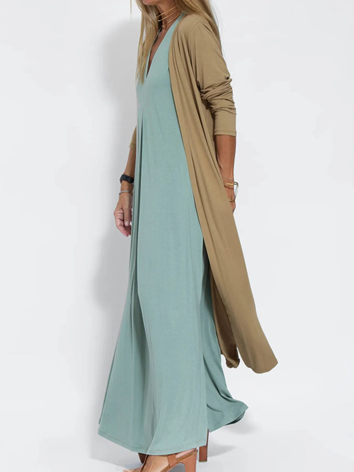 Full Size Open Front Side Slit Longline Cardigan Plus Size, view 4