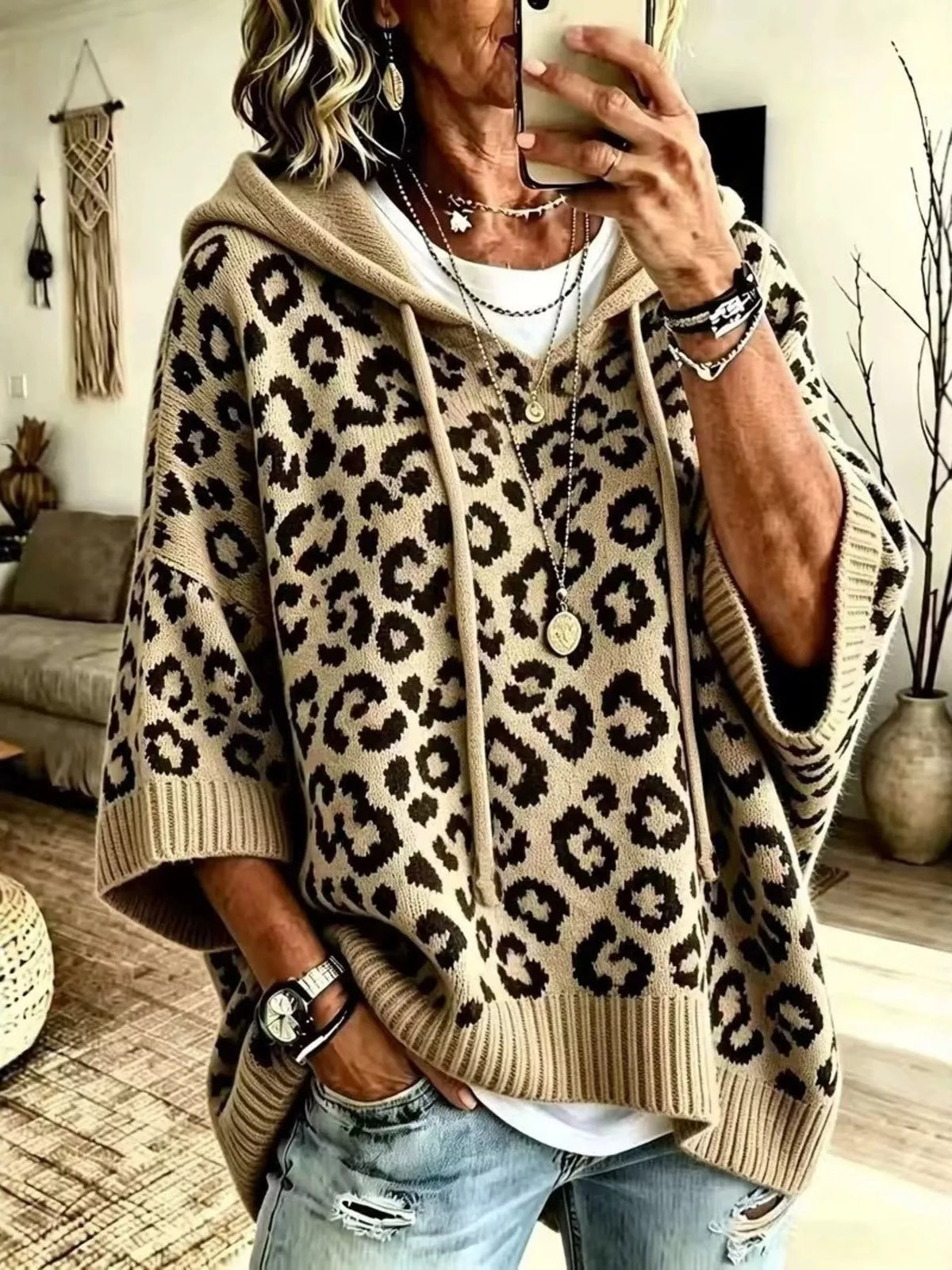 Leopard Print Hooded Knit Sweater in Khaki