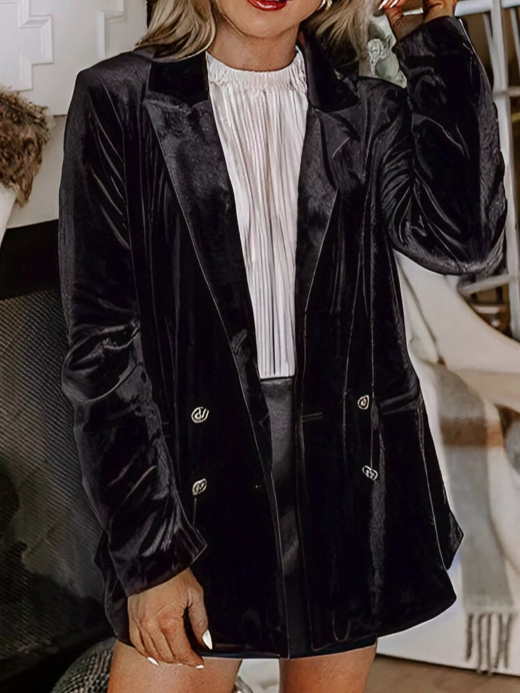 Velvet Lapel Collar Button Up Blazer - Lilixa.store